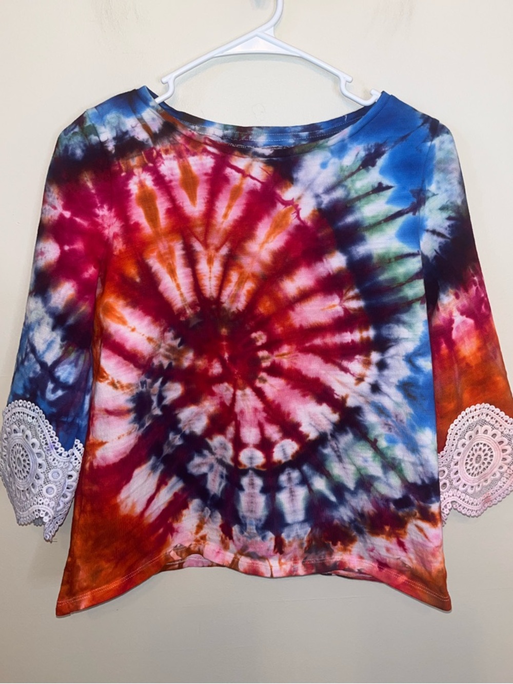 Custom Made Rainbow Tie-Dye Crochet 3/4 Sleeve Women's Top Size S Festival Boho